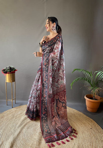 Kalamkari Print Saree with Unstitched Blouse