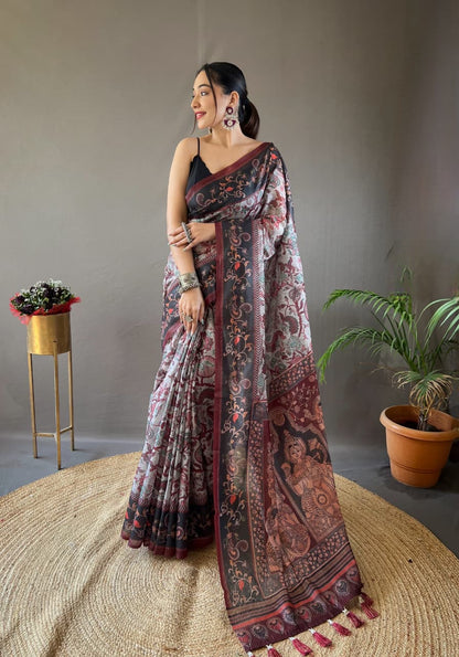 Kalamkari Print Saree with Unstitched Blouse