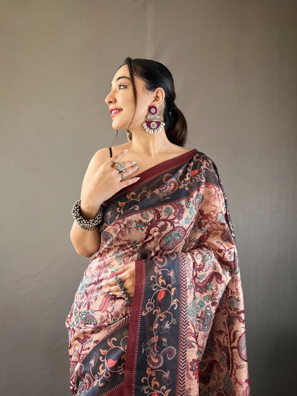 Kalamkari Print Saree with Unstitched Blouse