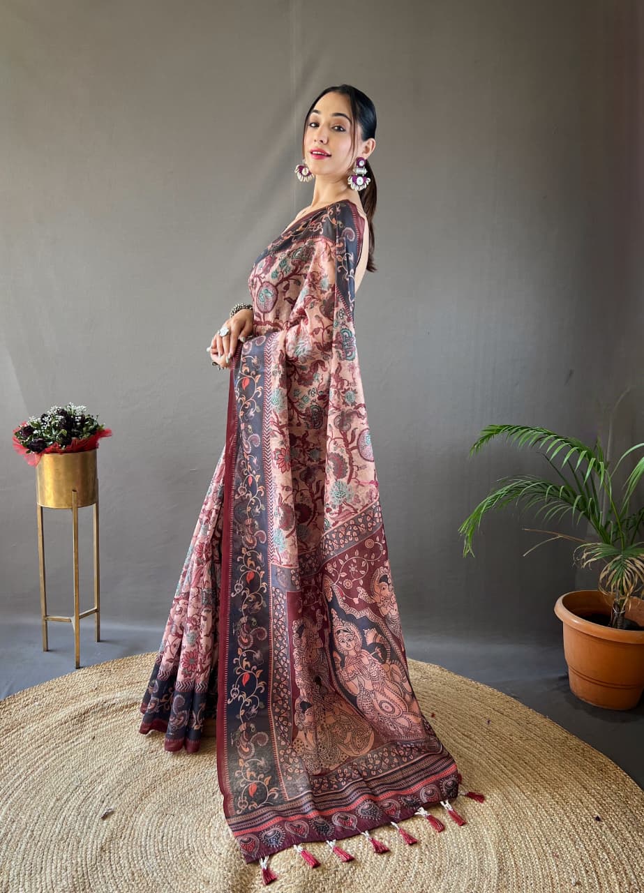 Kalamkari Print Saree with Unstitched Blouse