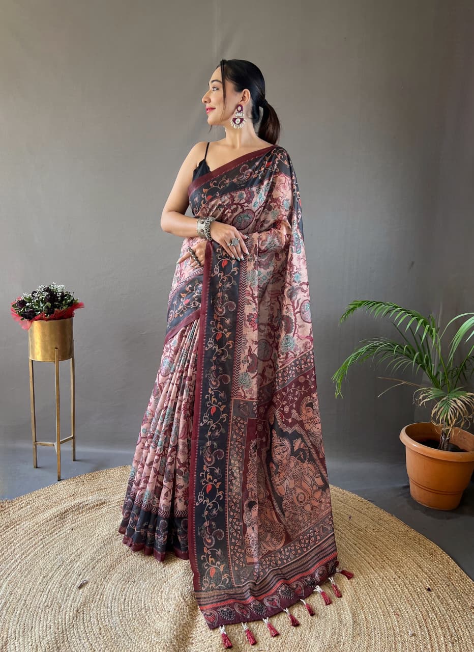 Kalamkari Print Saree with Unstitched Blouse