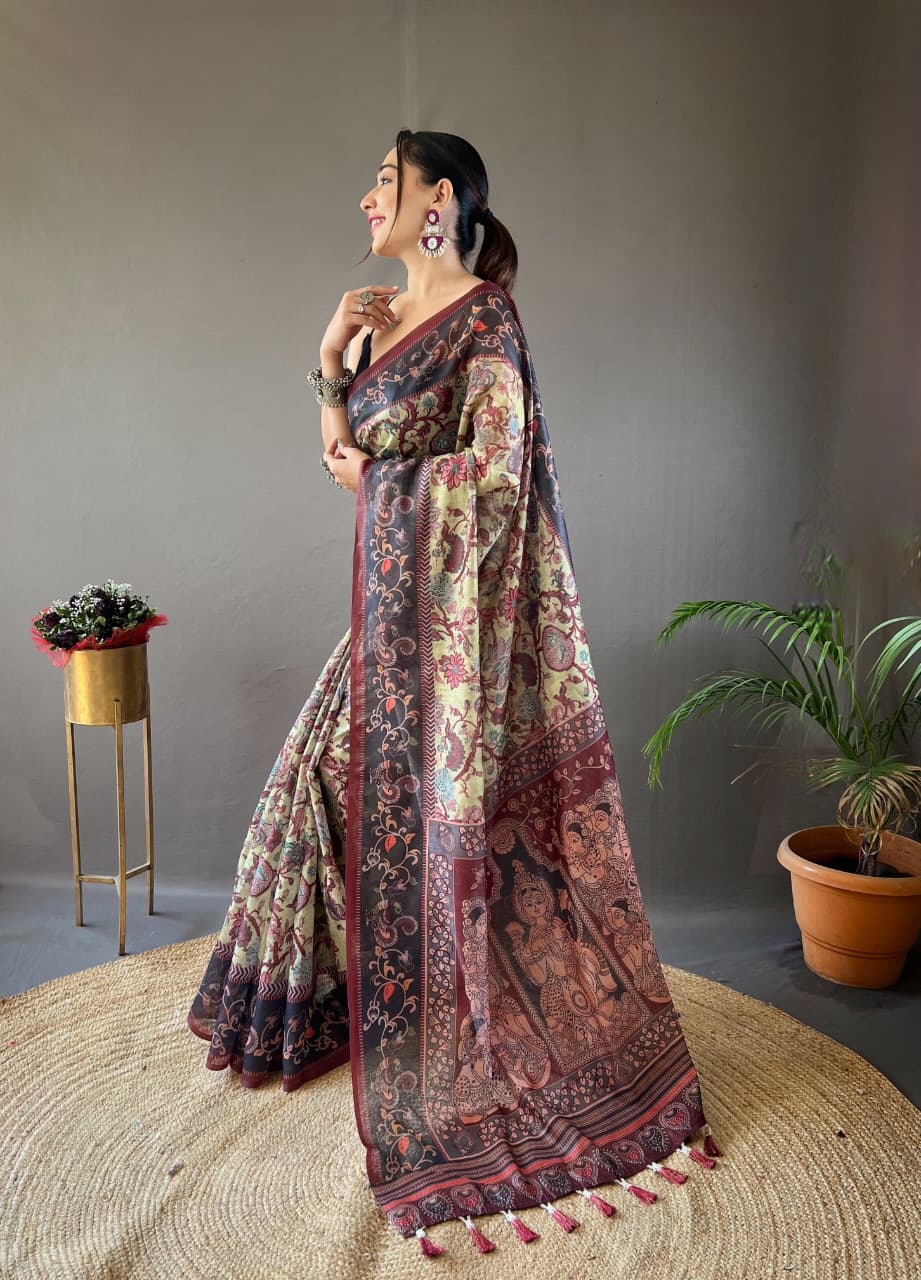 Kalamkari Print Saree with Unstitched Blouse