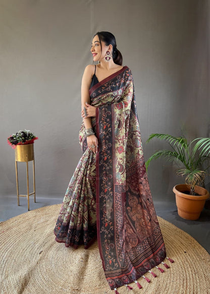 Kalamkari Print Saree with Unstitched Blouse