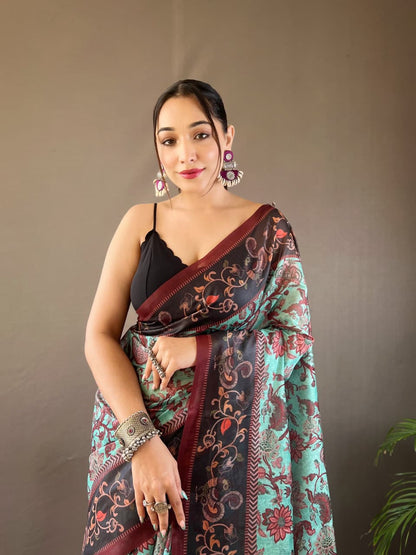 Kalamkari Print Saree with Unstitched Blouse