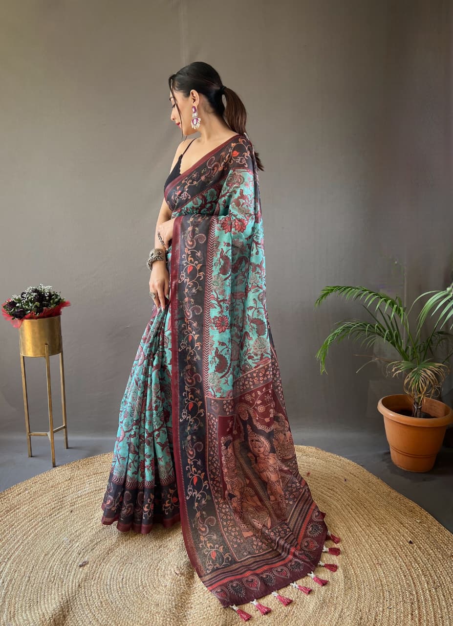 Kalamkari Print Saree with Unstitched Blouse