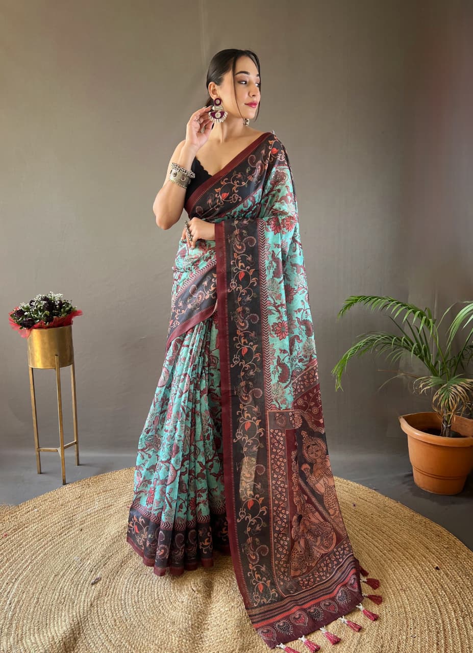 Kalamkari Print Saree with Unstitched Blouse