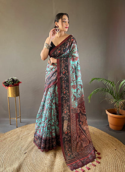 Kalamkari Print Saree with Unstitched Blouse