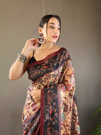 Kalamkari Print Saree with Unstitched Blouse
