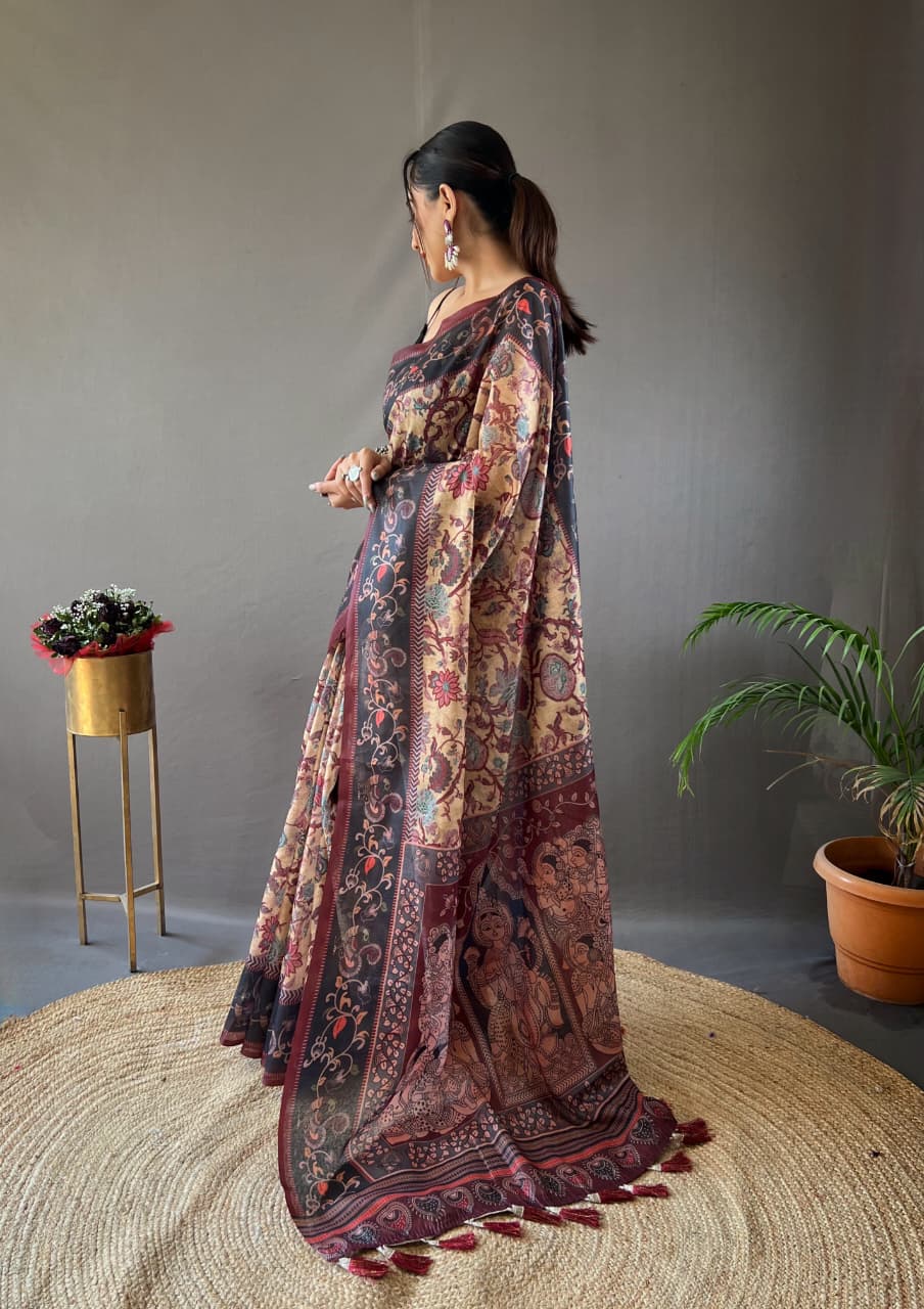 Kalamkari Print Saree with Unstitched Blouse