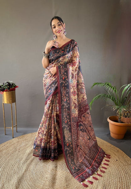Kalamkari Print Saree with Unstitched Blouse