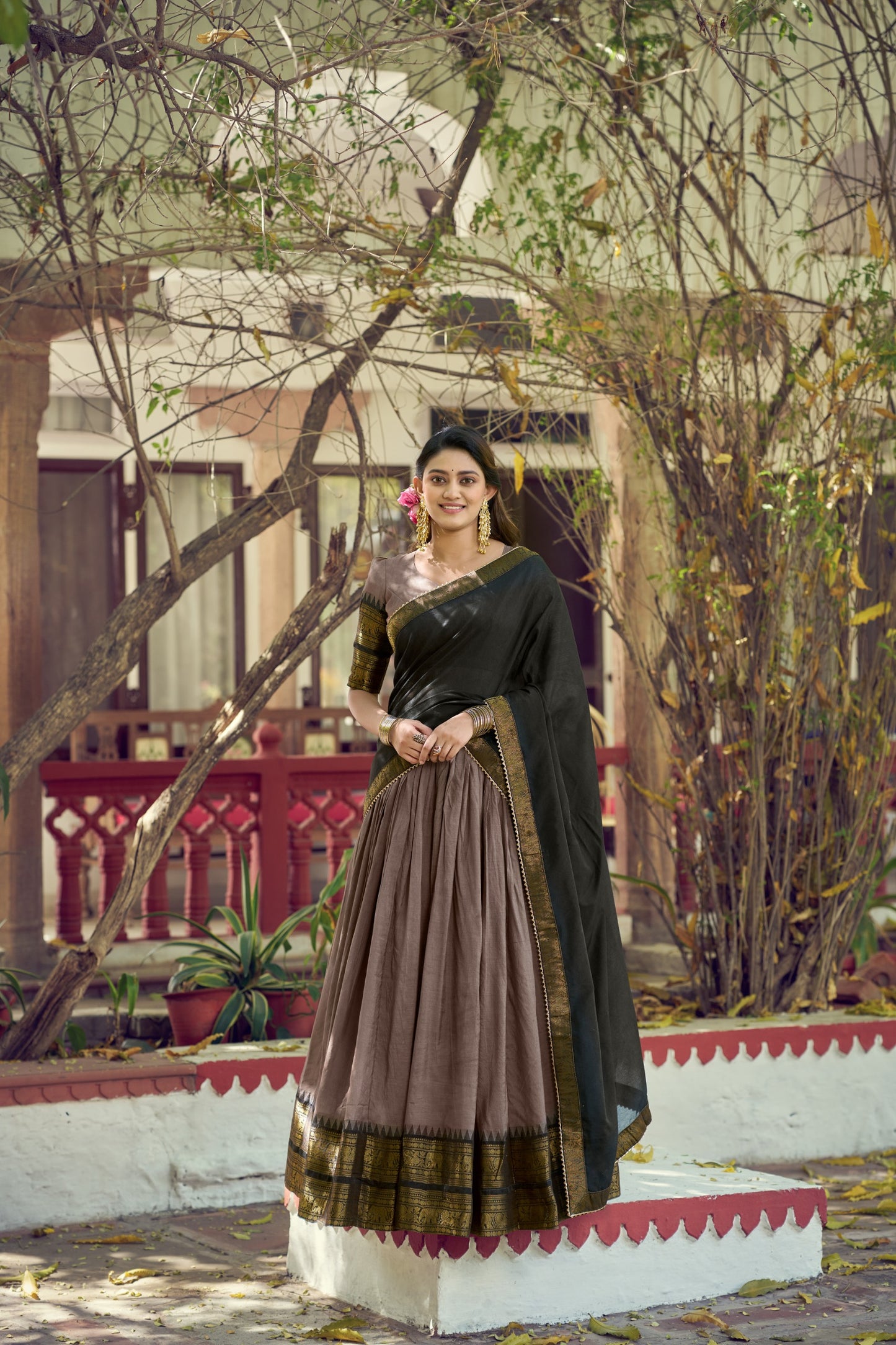 Grey and Black Poly Cotton Zari weaving Border Lehenga Choli with Dupatta