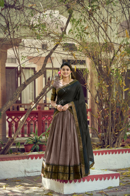 Grey and Black Poly Cotton Zari weaving Border Lehenga Choli with Dupatta