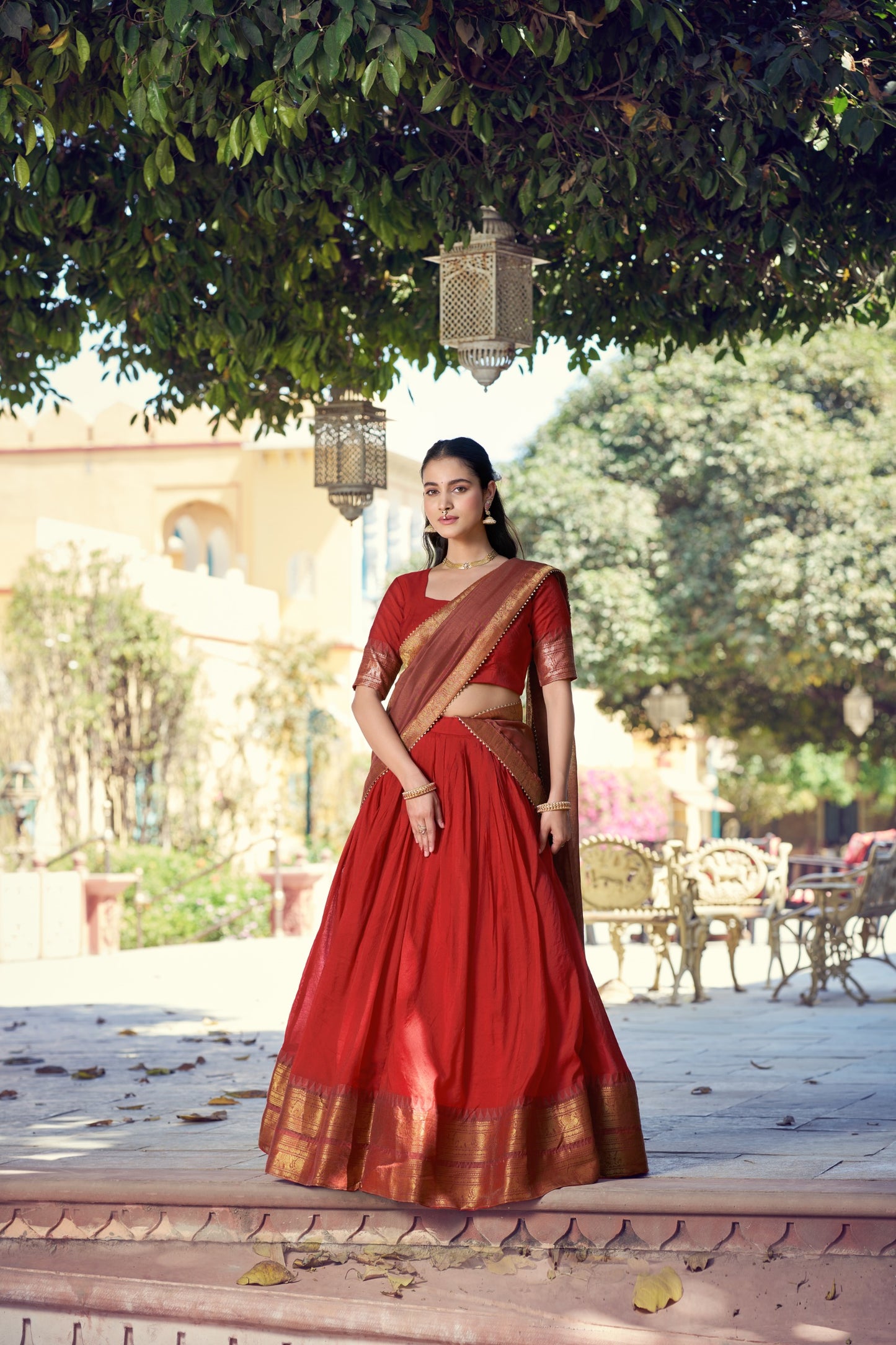 Red and Peach Poly Cotton Zari weaving Border Lehenga Choli with Dupatta