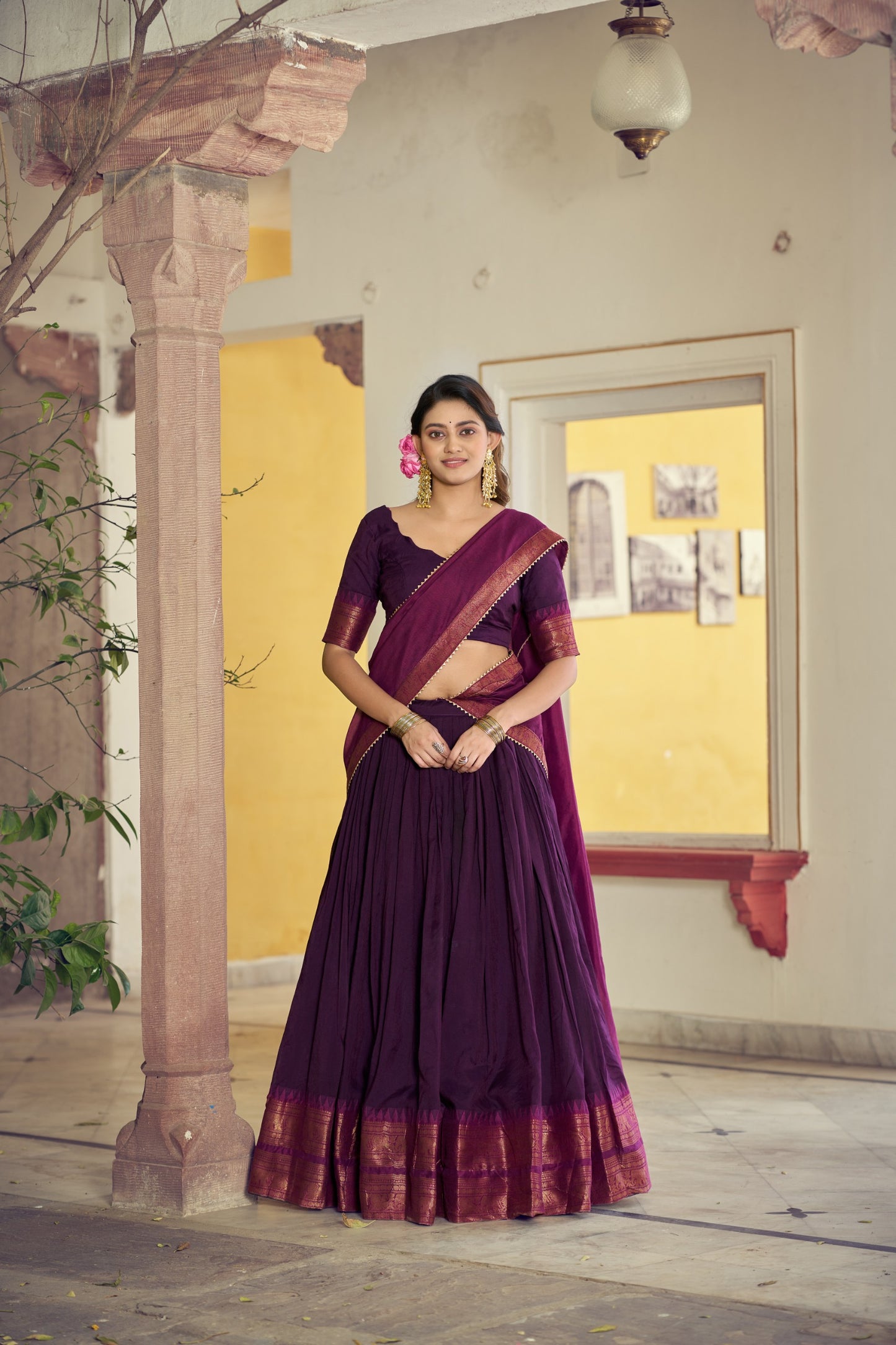 Wine Poly Cotton Zari weaving Border Lehenga Choli with Dupatta