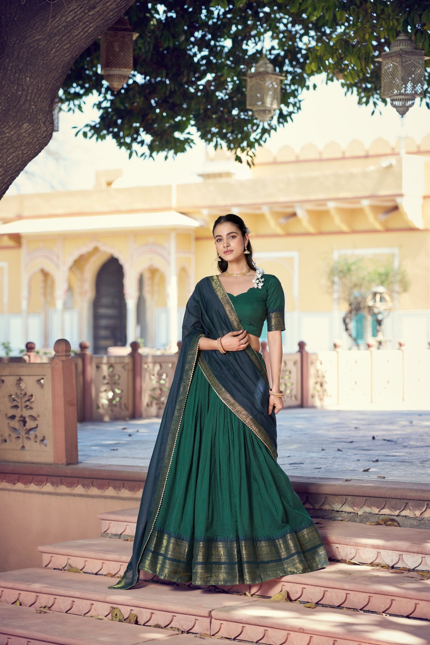 Bottle Green and Blue Poly Cotton Zari weaving Border Lehenga Choli with Dupatta