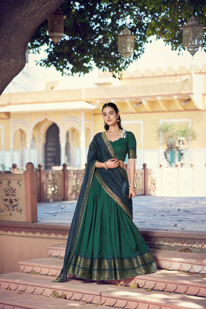 Bottle Green and Blue Poly Cotton Zari weaving Border Lehenga Choli with Dupatta