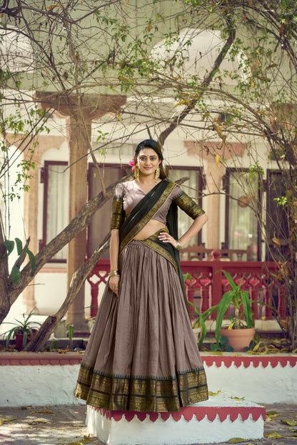 Grey and Black Poly Cotton Zari weaving Border Lehenga Choli with Dupatta