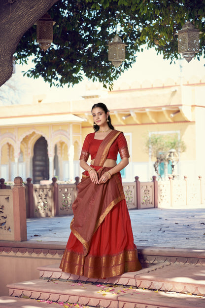 Red and Peach Poly Cotton Zari weaving Border Lehenga Choli with Dupatta