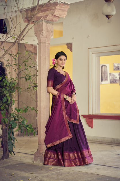 Wine Poly Cotton Zari weaving Border Lehenga Choli with Dupatta