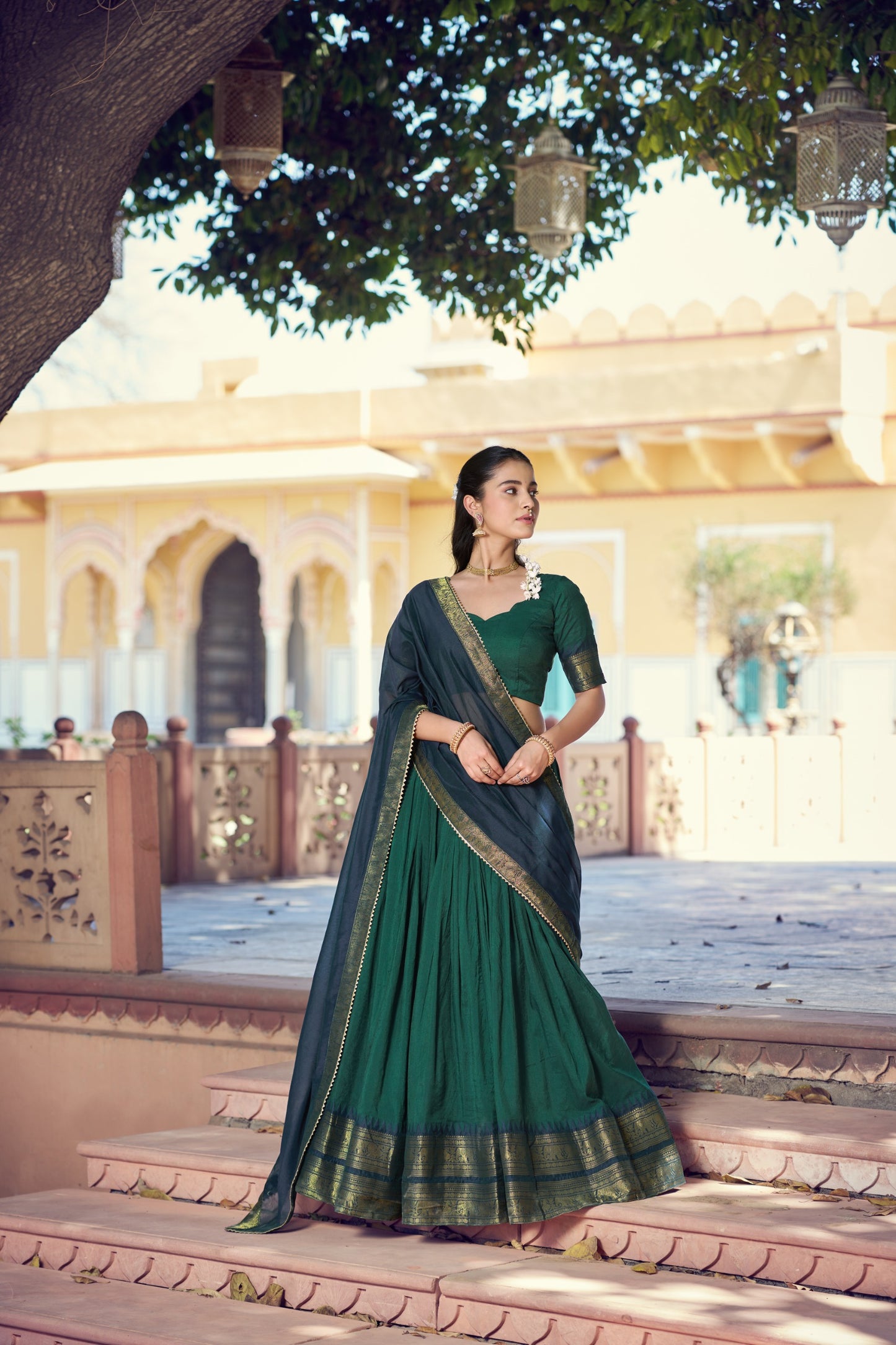 Bottle Green and Blue Poly Cotton Zari weaving Border Lehenga Choli with Dupatta