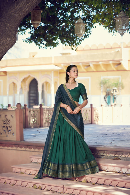 Bottle Green and Blue Poly Cotton Zari weaving Border Lehenga Choli with Dupatta