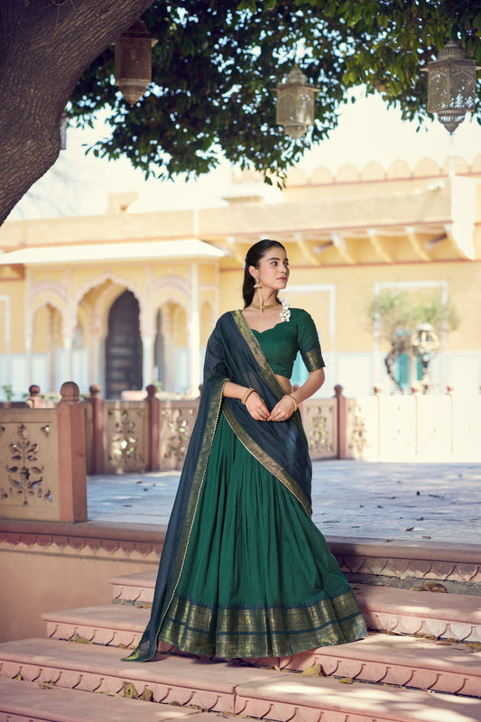 Bottle Green and Blue Poly Cotton Zari weaving Border Lehenga Choli with Dupatta