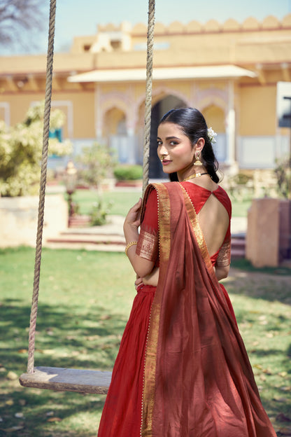 Red and Peach Poly Cotton Zari weaving Border Lehenga Choli with Dupatta