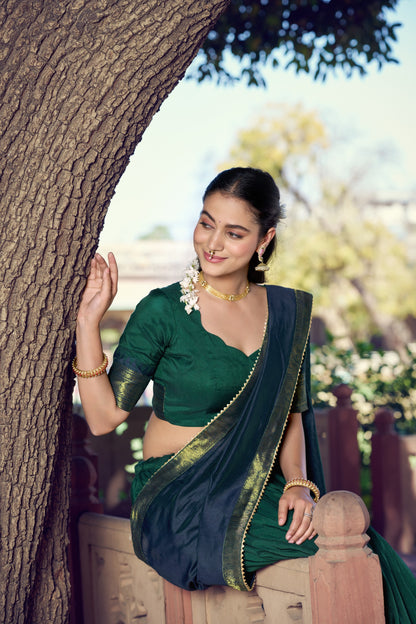 Bottle Green and Blue Poly Cotton Zari weaving Border Lehenga Choli with Dupatta