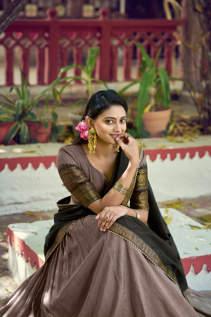 Grey and Black Poly Cotton Zari weaving Border Lehenga Choli with Dupatta