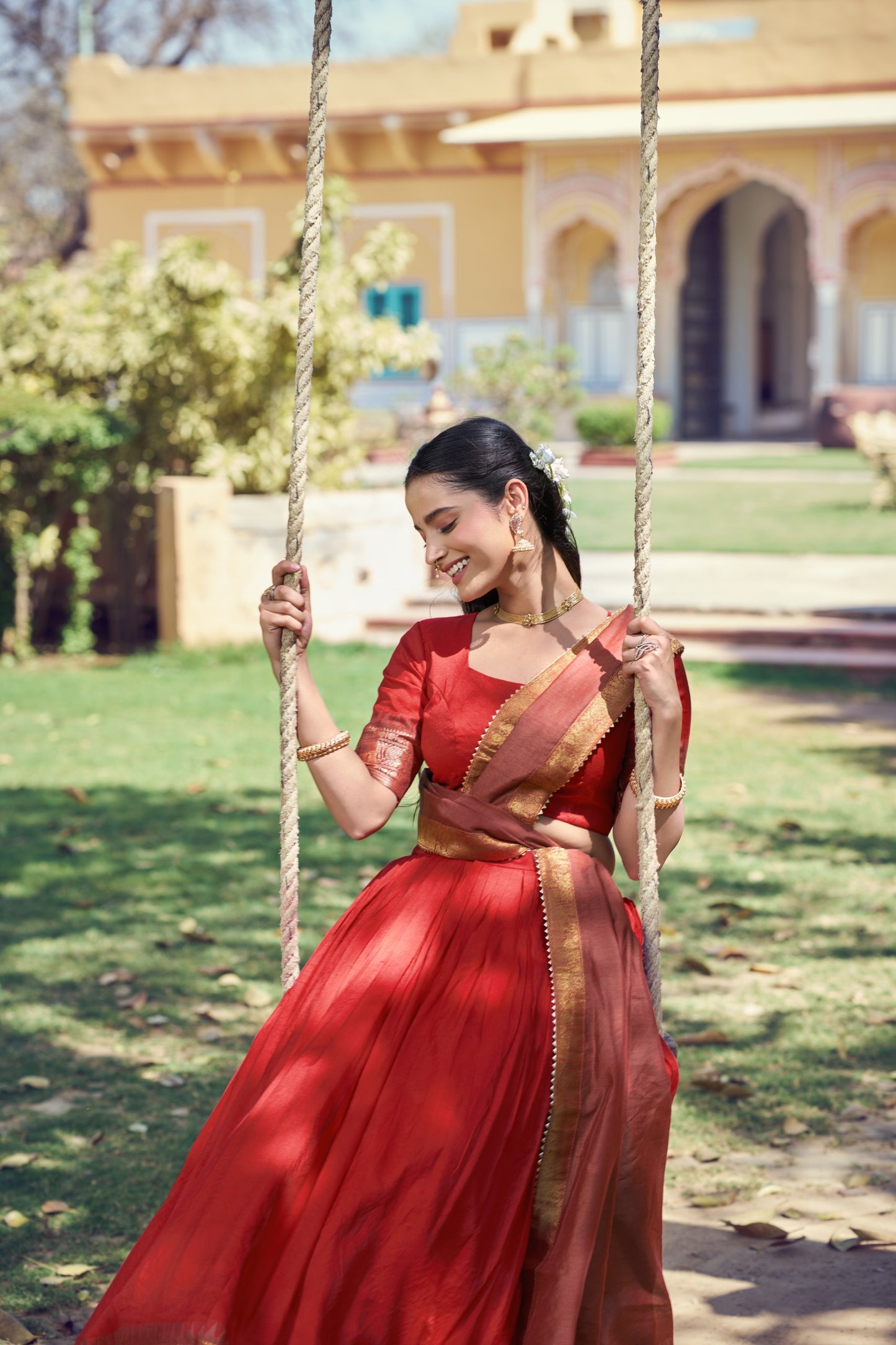 Red and Peach Poly Cotton Zari weaving Border Lehenga Choli with Dupatta