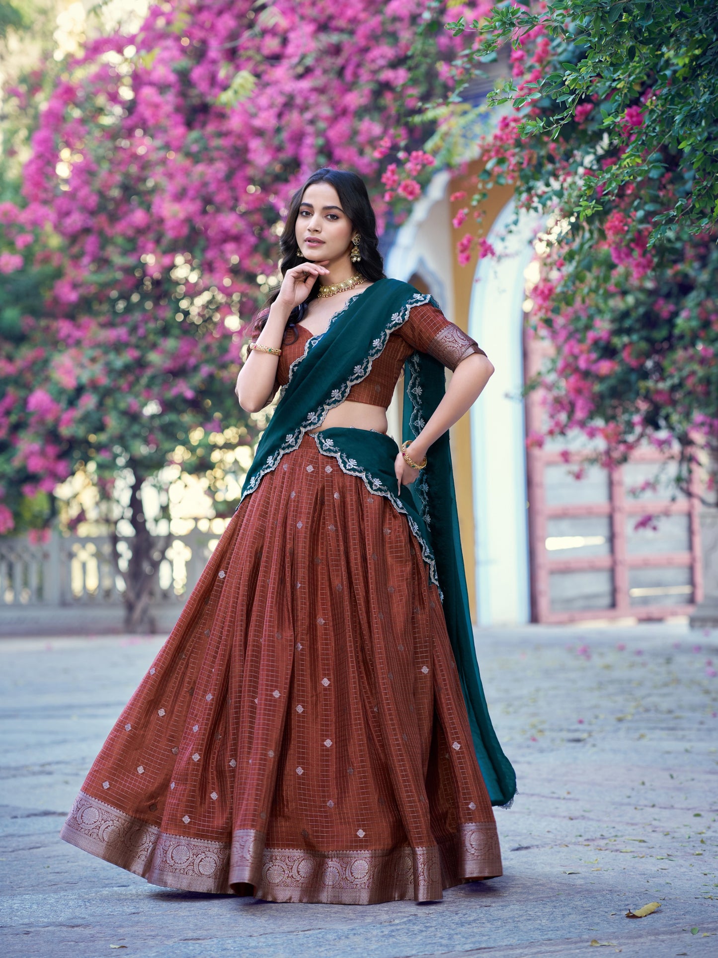 Brown Color Chinon Checks Traditional South Indian Lehenga Choli with Dupatta
