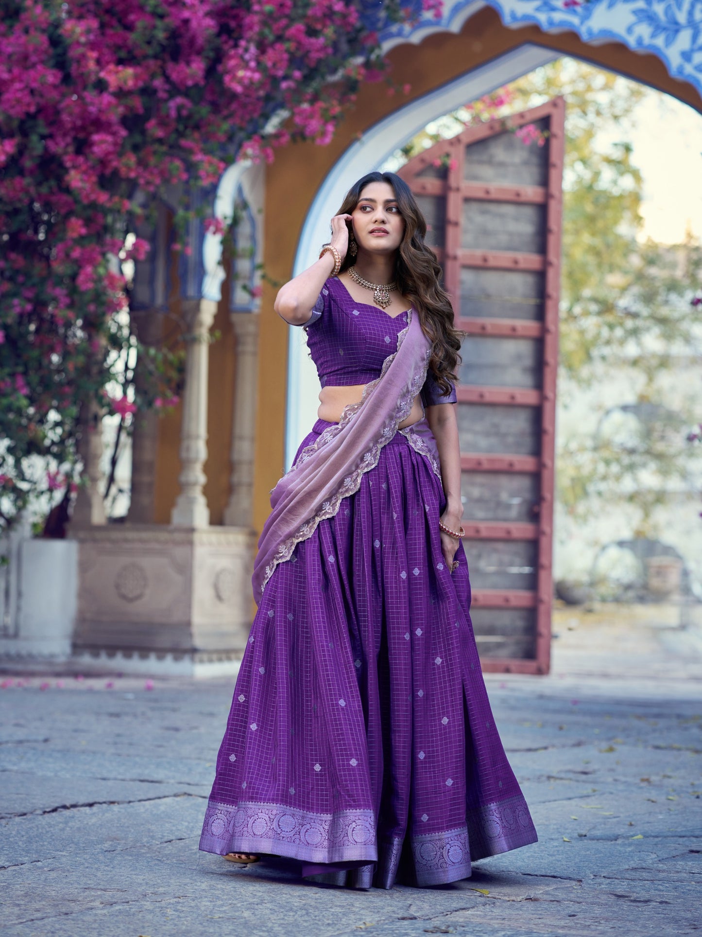 Purple Color Chinon Checks Traditional South Indian Lehenga Choli with Dupatta | south indian Half Saree | Langa Voni