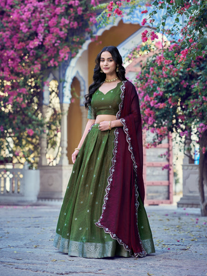 Green Color Chinon Checks Traditional South Indian Lehenga Choli with Dupatta | south indian Half Saree | Langa Voni