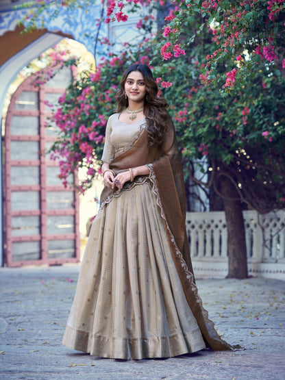 Beige Color Chinon Checks Traditional South Indian Lehenga Choli with Dupatta