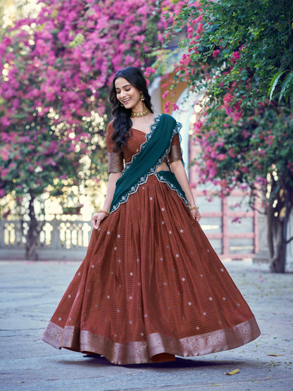 Brown Color Chinon Checks Traditional South Indian Lehenga Choli with Dupatta