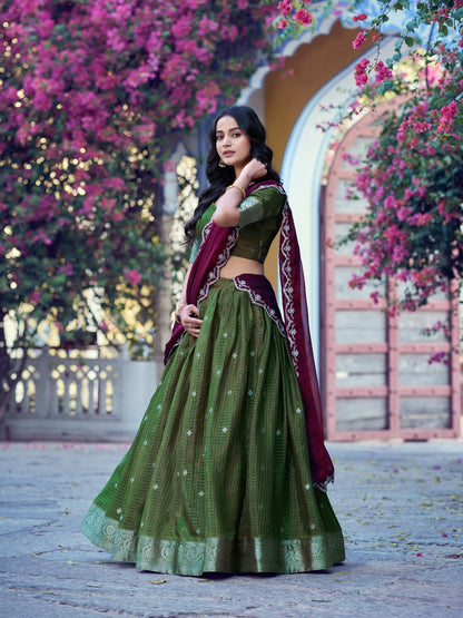 Green Color Chinon Checks Traditional South Indian Lehenga Choli with Dupatta | south indian Half Saree | Langa Voni