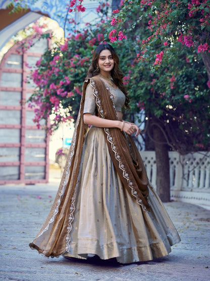 Beige Color Chinon Checks Traditional South Indian Lehenga Choli with Dupatta