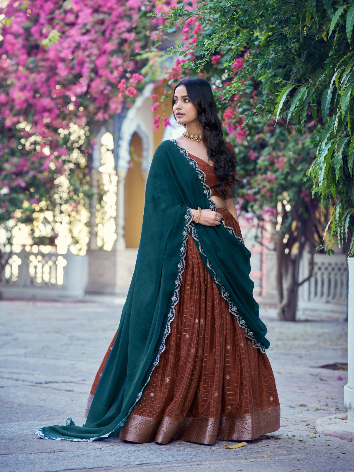 Brown Color Chinon Checks Traditional South Indian Lehenga Choli with Dupatta