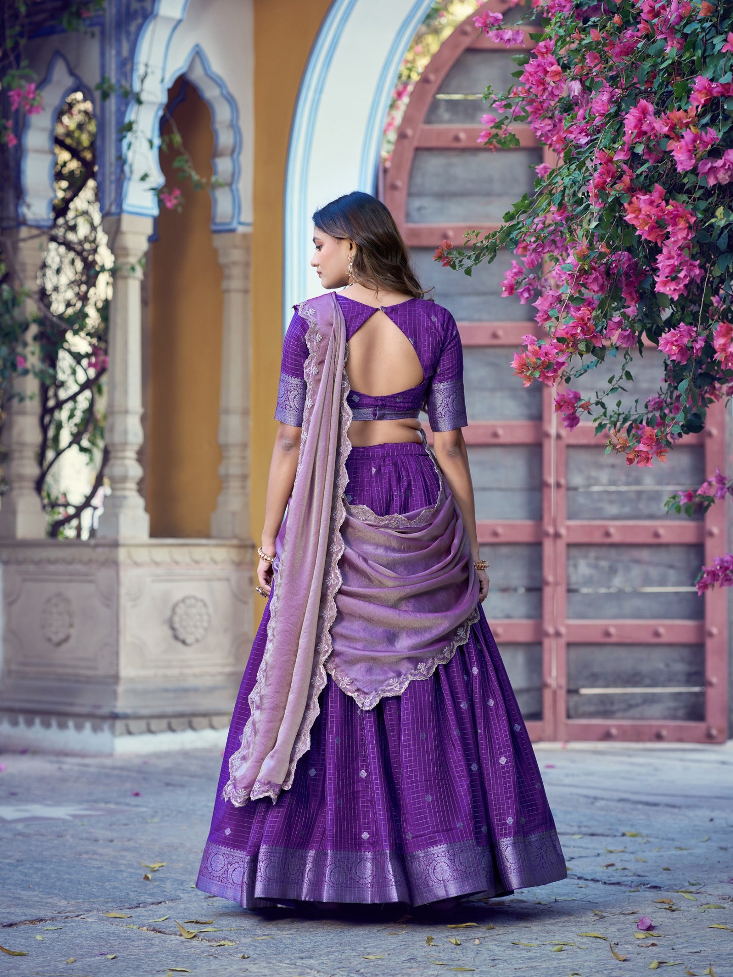 Purple Color Chinon Checks Traditional South Indian Lehenga Choli with Dupatta | south indian Half Saree | Langa Voni