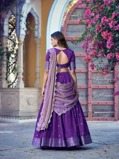 Purple Color Chinon Checks Traditional South Indian Lehenga Choli with Dupatta | south indian Half Saree | Langa Voni