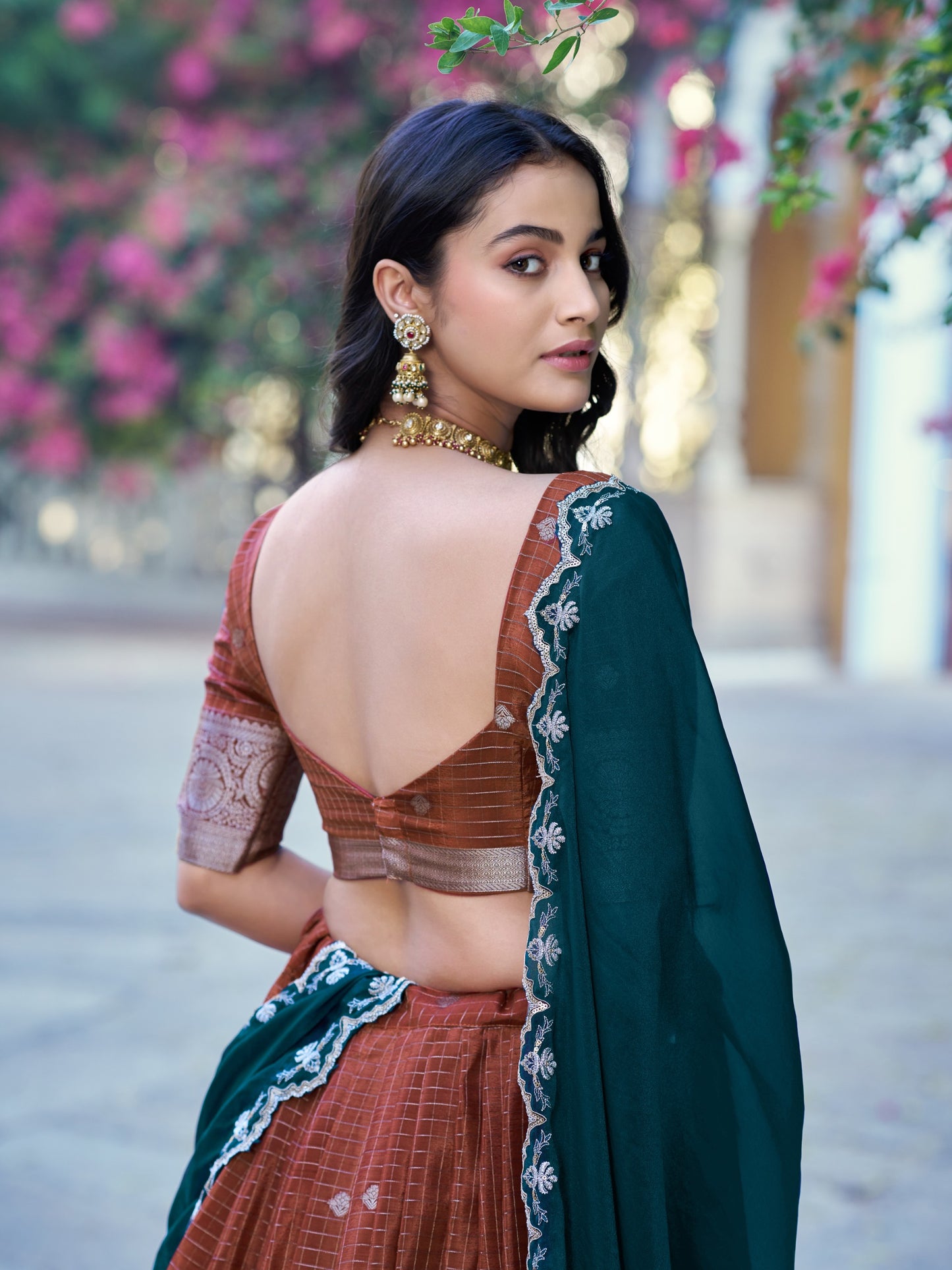 Brown Color Chinon Checks Traditional South Indian Lehenga Choli with Dupatta