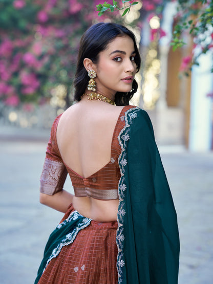 Brown Color Chinon Checks Traditional South Indian Lehenga Choli with Dupatta