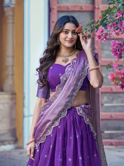 Purple Color Chinon Checks Traditional South Indian Lehenga Choli with Dupatta | south indian Half Saree | Langa Voni