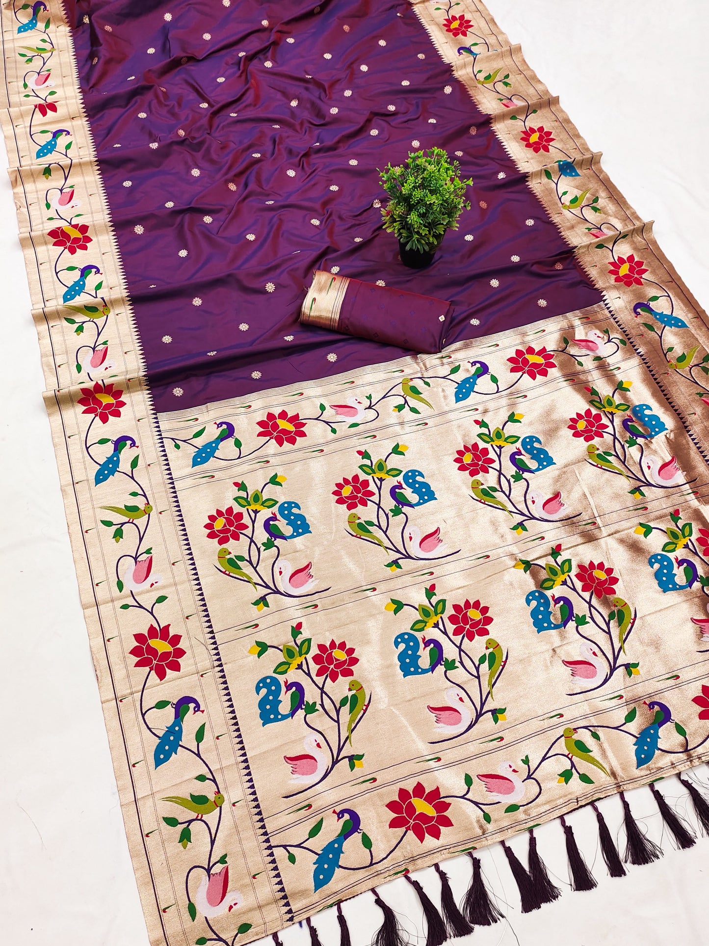 Lotus Meenakari Weawing Paithani Saree with Unstitched Blouse