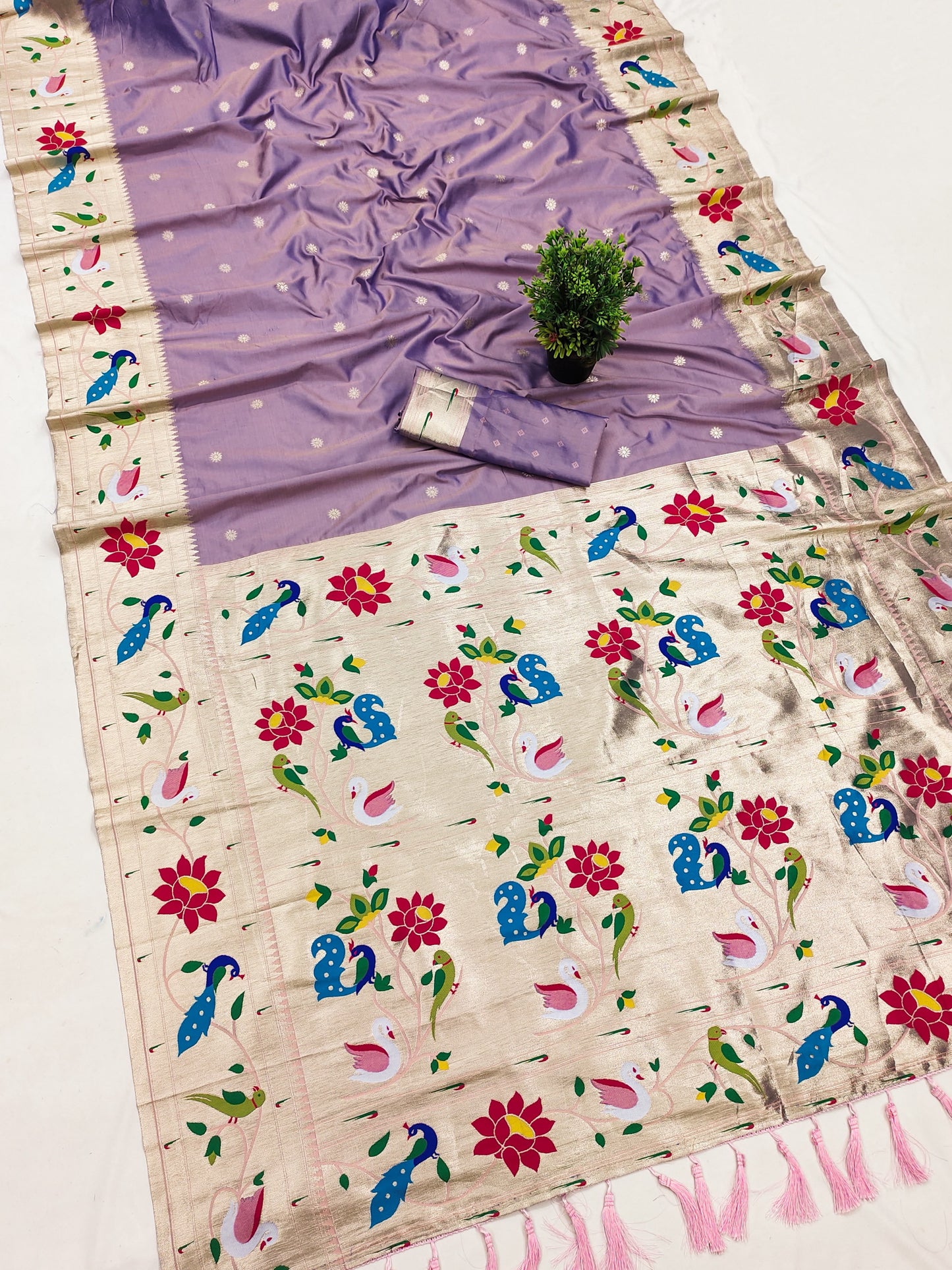 Lotus Meenakari Weawing Paithani Saree with Unstitched Blouse