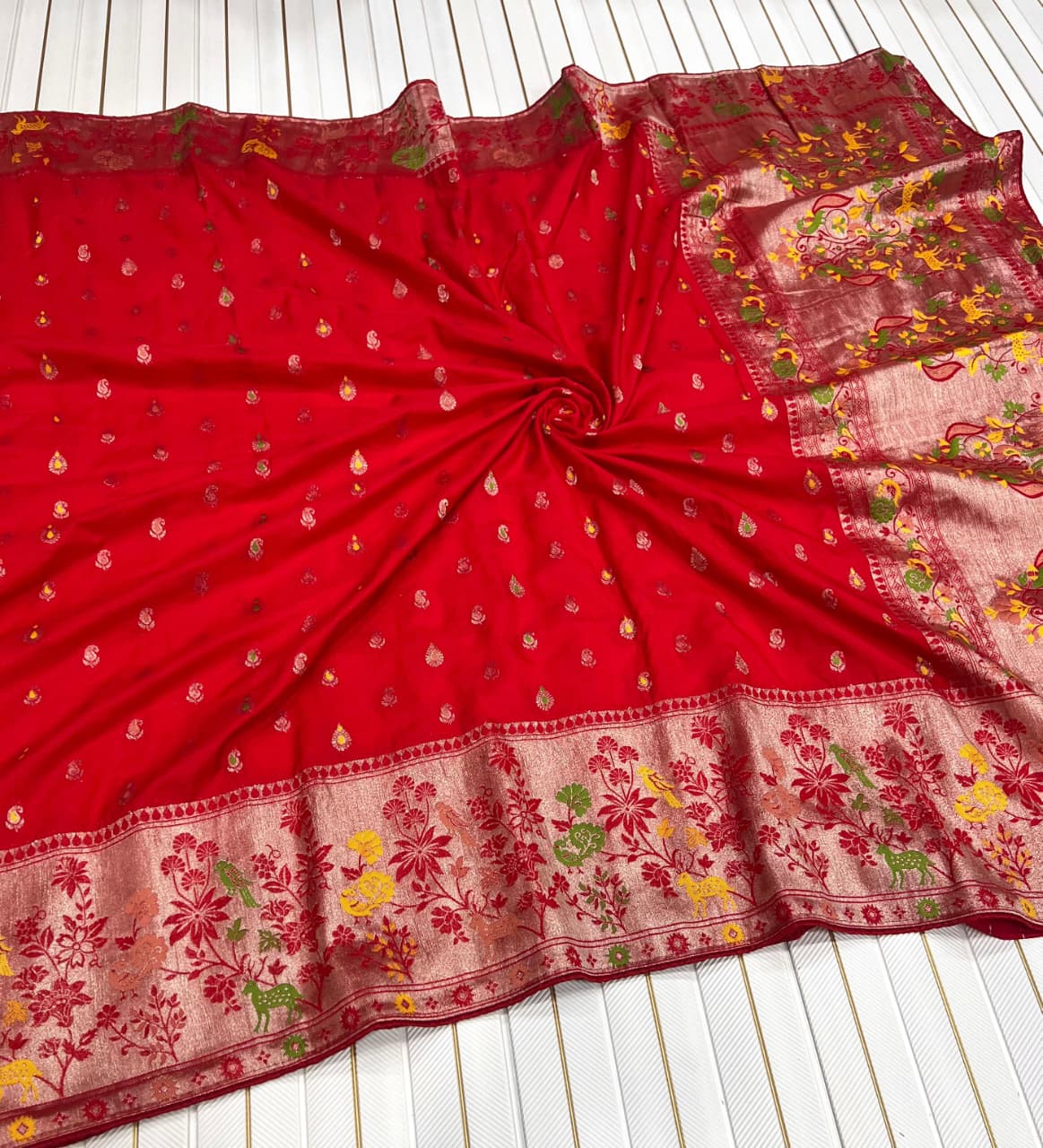 Red color Meenakari work Paithani Saree with Unstitched Blouse