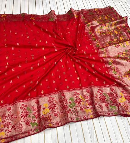 Red color Meenakari work Paithani Saree with Unstitched Blouse