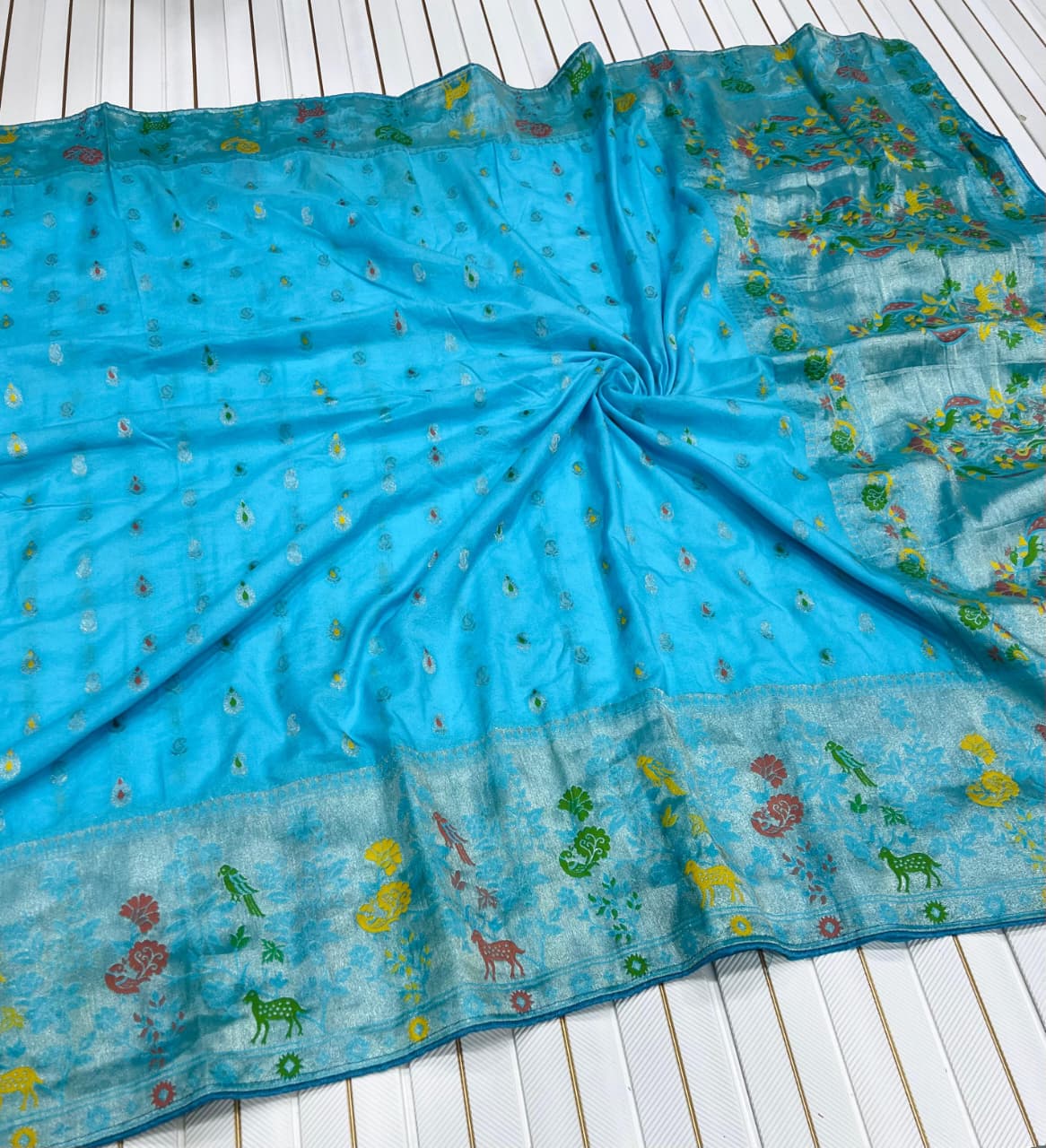 Firozi color Meenakari work Paithani Saree with Unstitched Blouse
