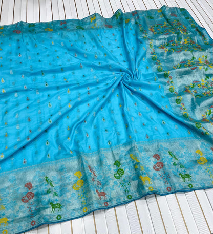 Firozi color Meenakari work Paithani Saree with Unstitched Blouse