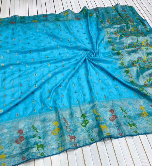 Firozi color Meenakari work Paithani Saree with Unstitched Blouse